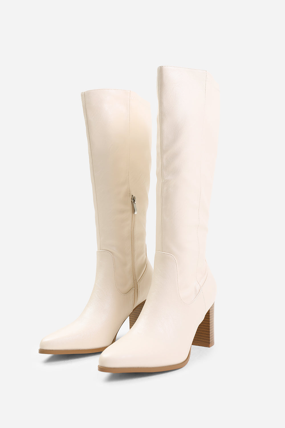 HAWTHORN BLOCK HEEL KNEE HIGH BOOTS WITH STITCH DETAIL IN CREAM FAUX LEATHER