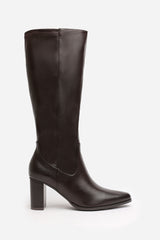Hawthorn Block Heel Knee High Boots with Stitch Detail In Dark Brown Faux Leather