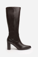 Kirelle Dark Brown Knee High Pointed Toe Block Heeled Boots