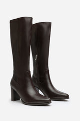 Kirelle Dark Brown Knee High Pointed Toe Block Heeled Boots
