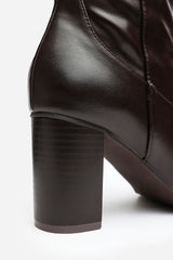 Kirelle Dark Brown Knee High Pointed Toe Block Heeled Boots