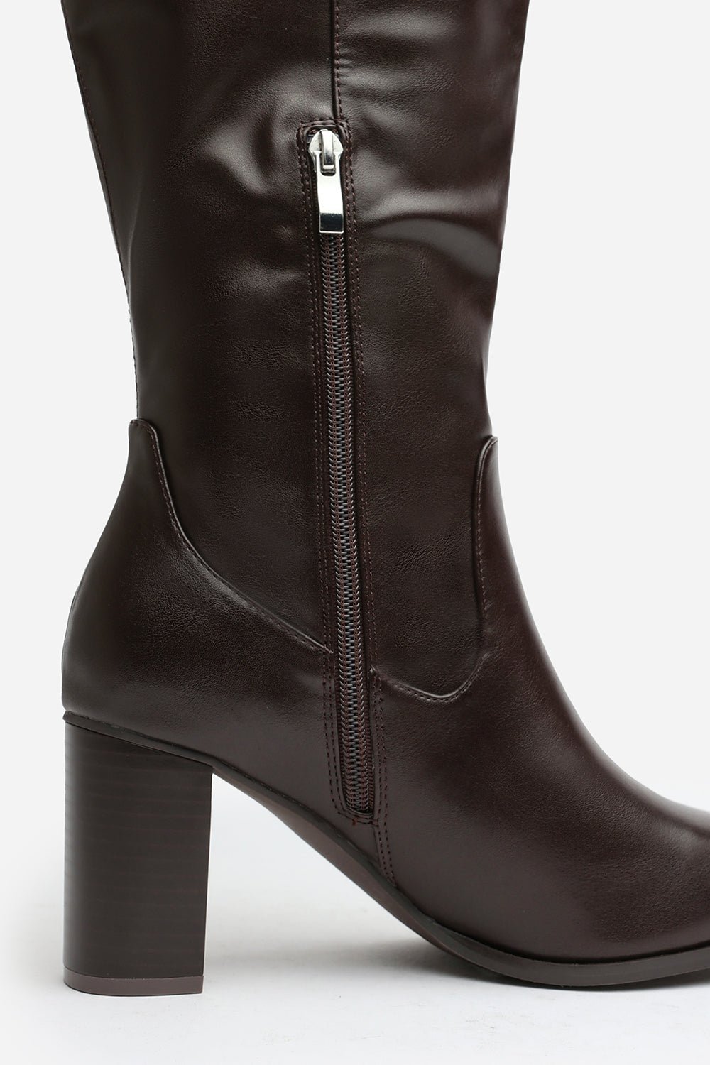 Kirelle Dark Brown Knee High Pointed Toe Block Heeled Boots