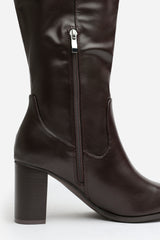 Kirelle Dark Brown Knee High Pointed Toe Block Heeled Boots