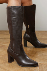 Kirelle Dark Brown Knee High Pointed Toe Block Heeled Boots