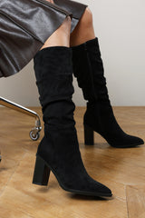 Quilla Slouch Knee High Boots With Block Heel In Black Suede