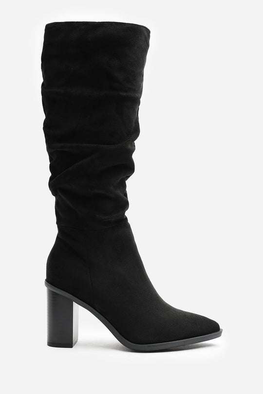 Primrose Wide Fit Slouch Knee High Boots With Block Heel In Black Suede
