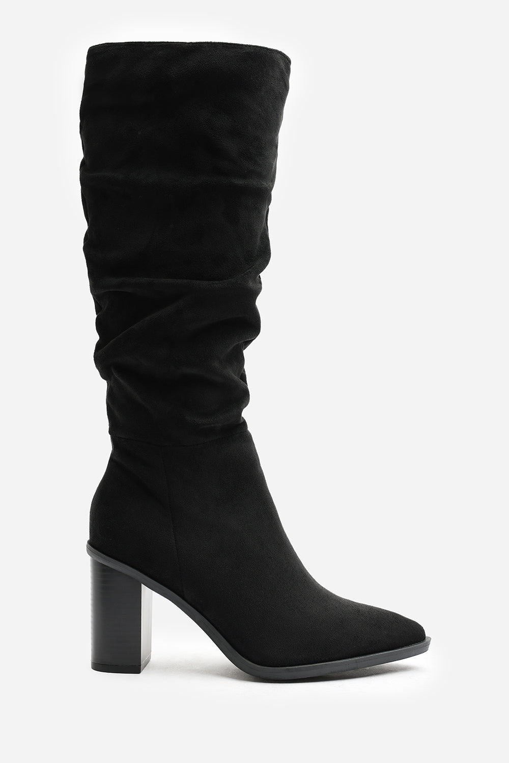 Quilla Slouch Knee High Boots With Block Heel In Black Suede
