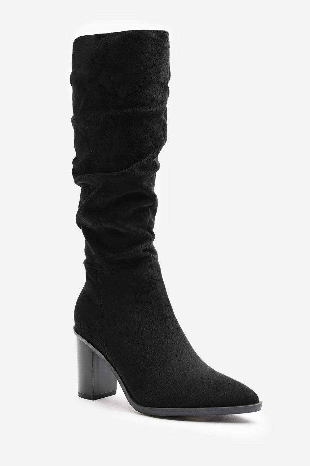 Quilla Slouch Knee High Boots With Block Heel In Black Suede