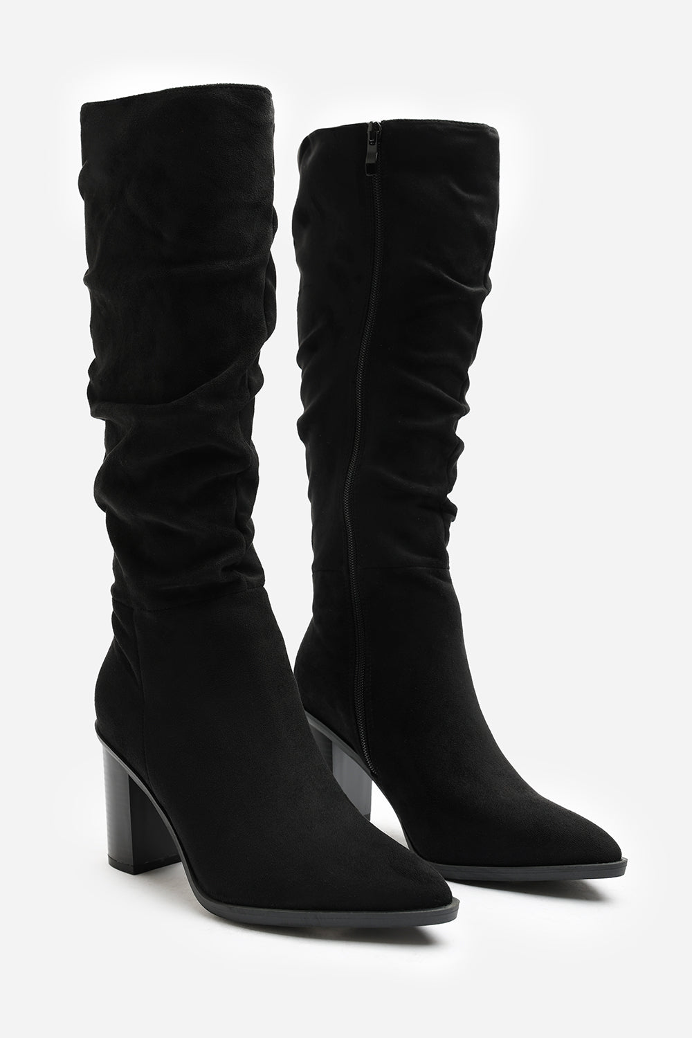 Quilla Slouch Knee High Boots With Block Heel In Black Suede