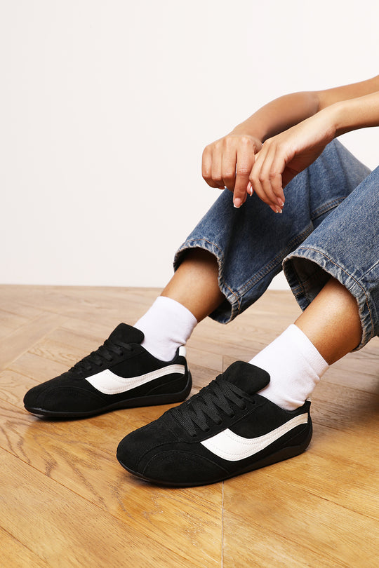Ulani Black Low-Top Lace up trainer with Contrast White Side Stripe