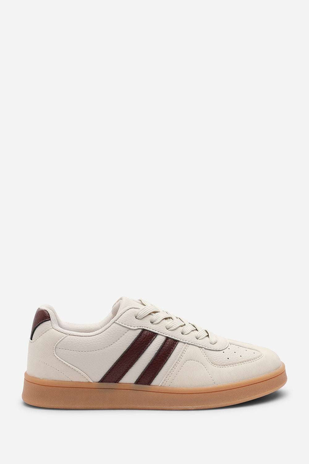 Venice Classic beige retro lace up trainer with wine stripes