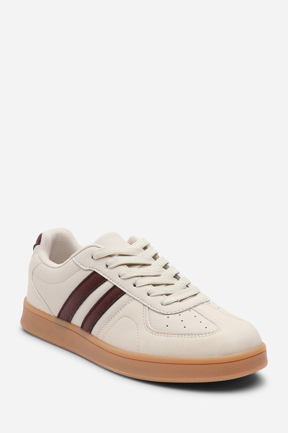 Venice Classic beige retro lace up trainer with wine stripes