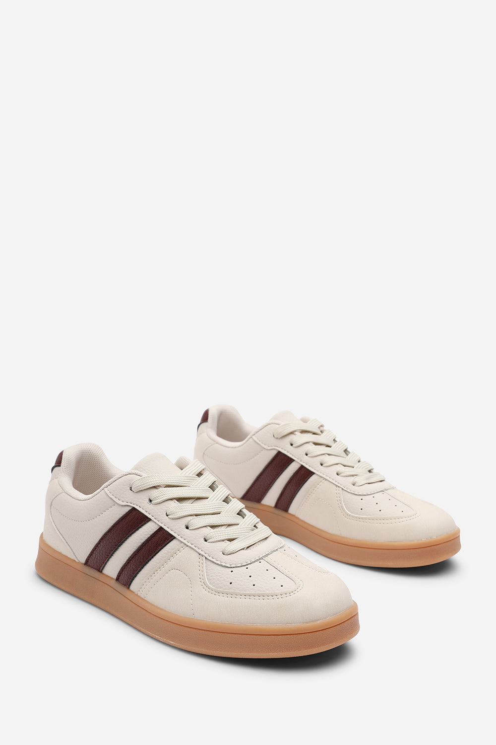 Venice Classic beige retro lace up trainer with wine stripes