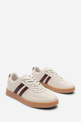 Venice Classic beige retro lace up trainer with wine stripes