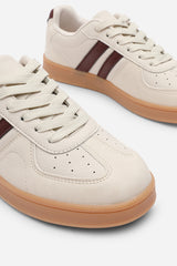 Venice Classic beige retro lace up trainer with wine stripes