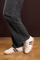 Venice Classic beige retro lace up trainer with wine stripes