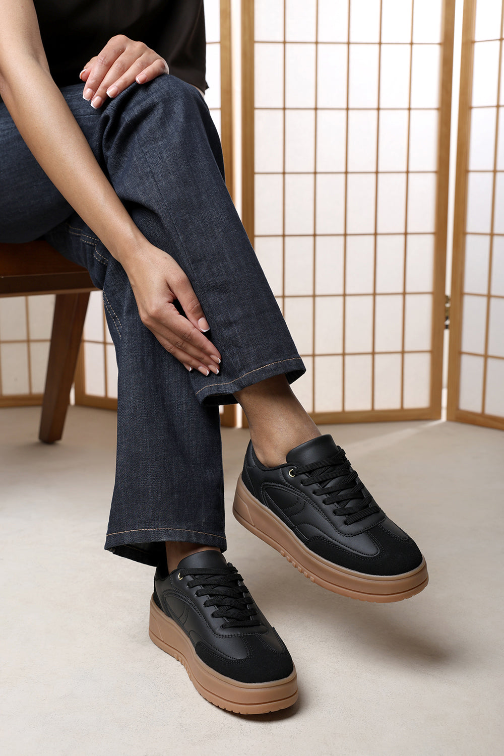 Elvena Black Platform Lace Up Classic Trainer