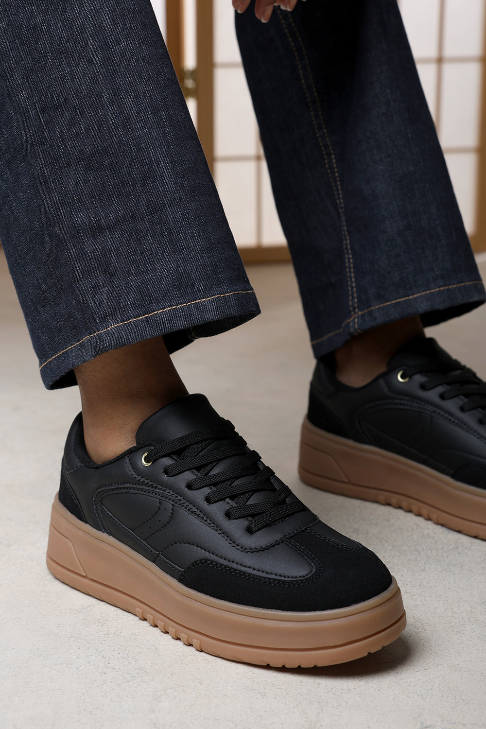 Elvena Black Platform Lace Up Classic Trainer