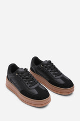 Xia Black Low Wedge Lace up trainer with leopard print heel detail