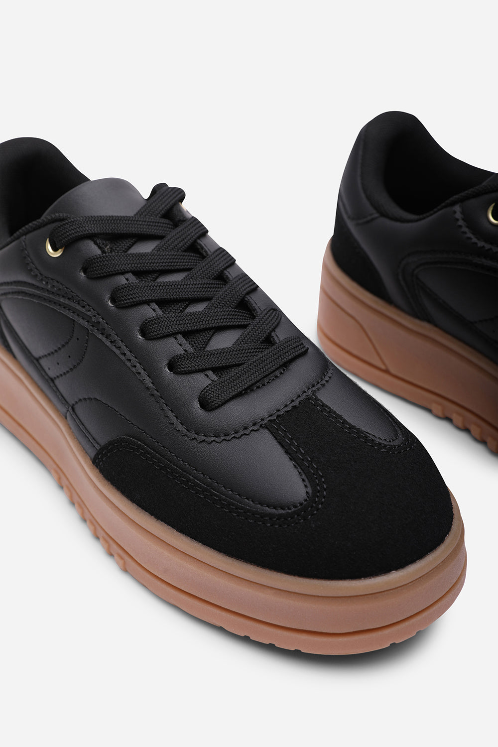 Xia Black Low Wedge Lace up trainer with leopard print heel detail