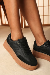 Xia Black Low Wedge Lace up trainer with leopard print heel detail