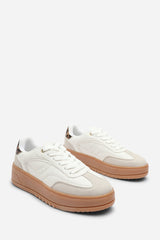 Xia White Low Wedge Lace up trainer with leopard print heel detail