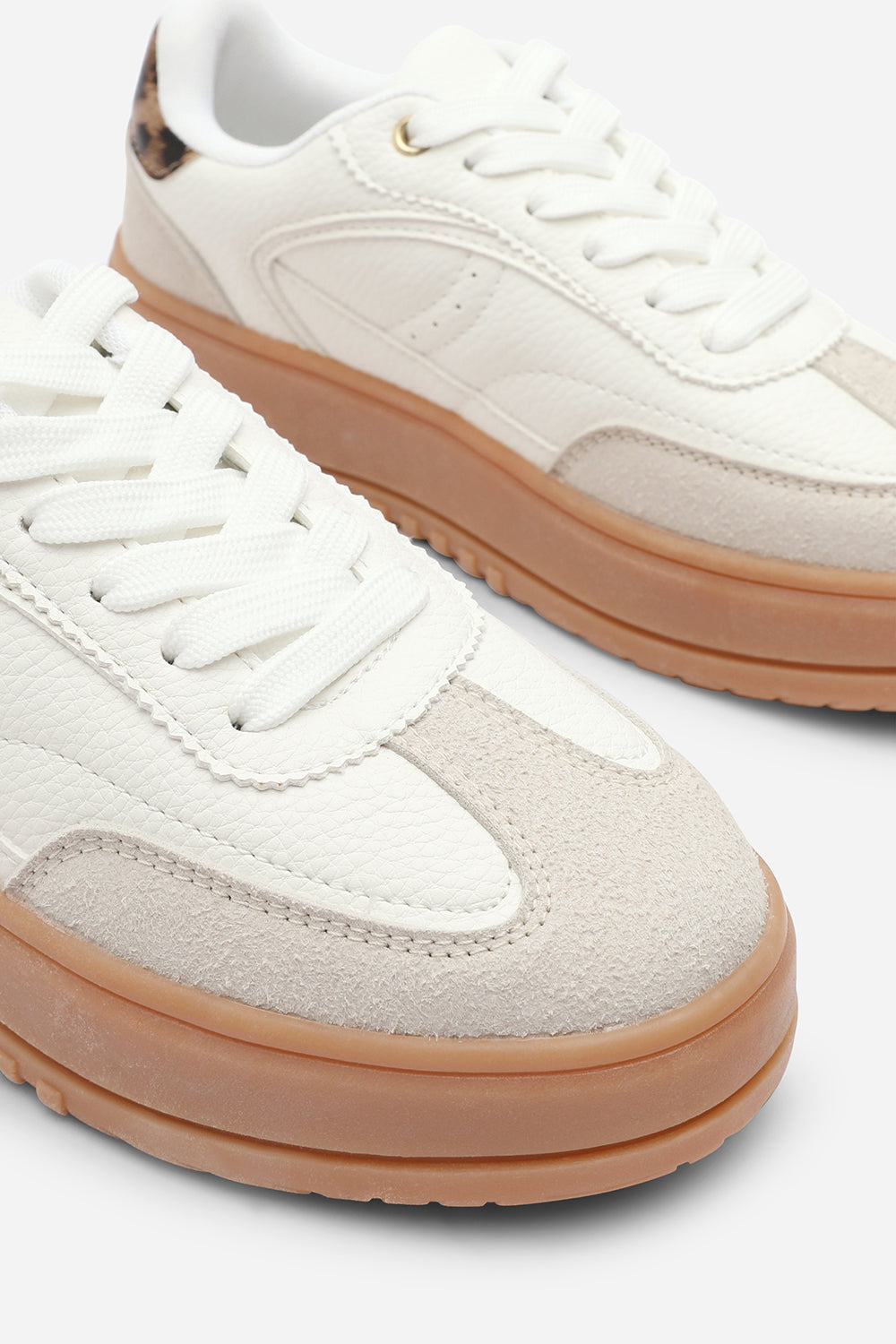 Xia White Low Wedge Lace up trainer with leopard print heel detail