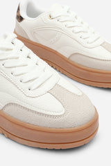 Xia White Low Wedge Lace up trainer with leopard print heel detail