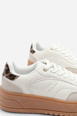 Xia White Low Wedge Lace up trainer with leopard print heel detail
