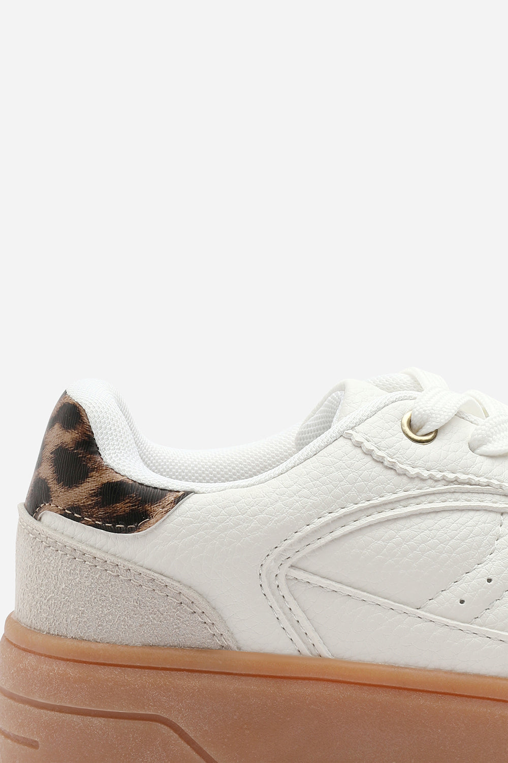 Xia White Low Wedge Lace up trainer with leopard print heel detail