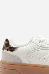 Xia White Low Wedge Lace up trainer with leopard print heel detail