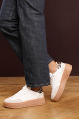 Xia White Low Wedge Lace up trainer with leopard print heel detail