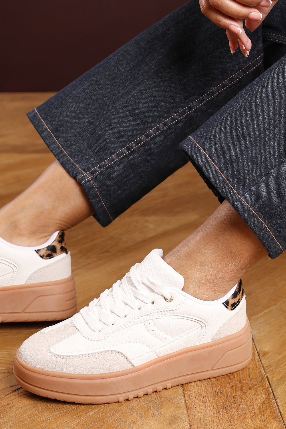 Xia White Low Wedge Lace up trainer with leopard print heel detail