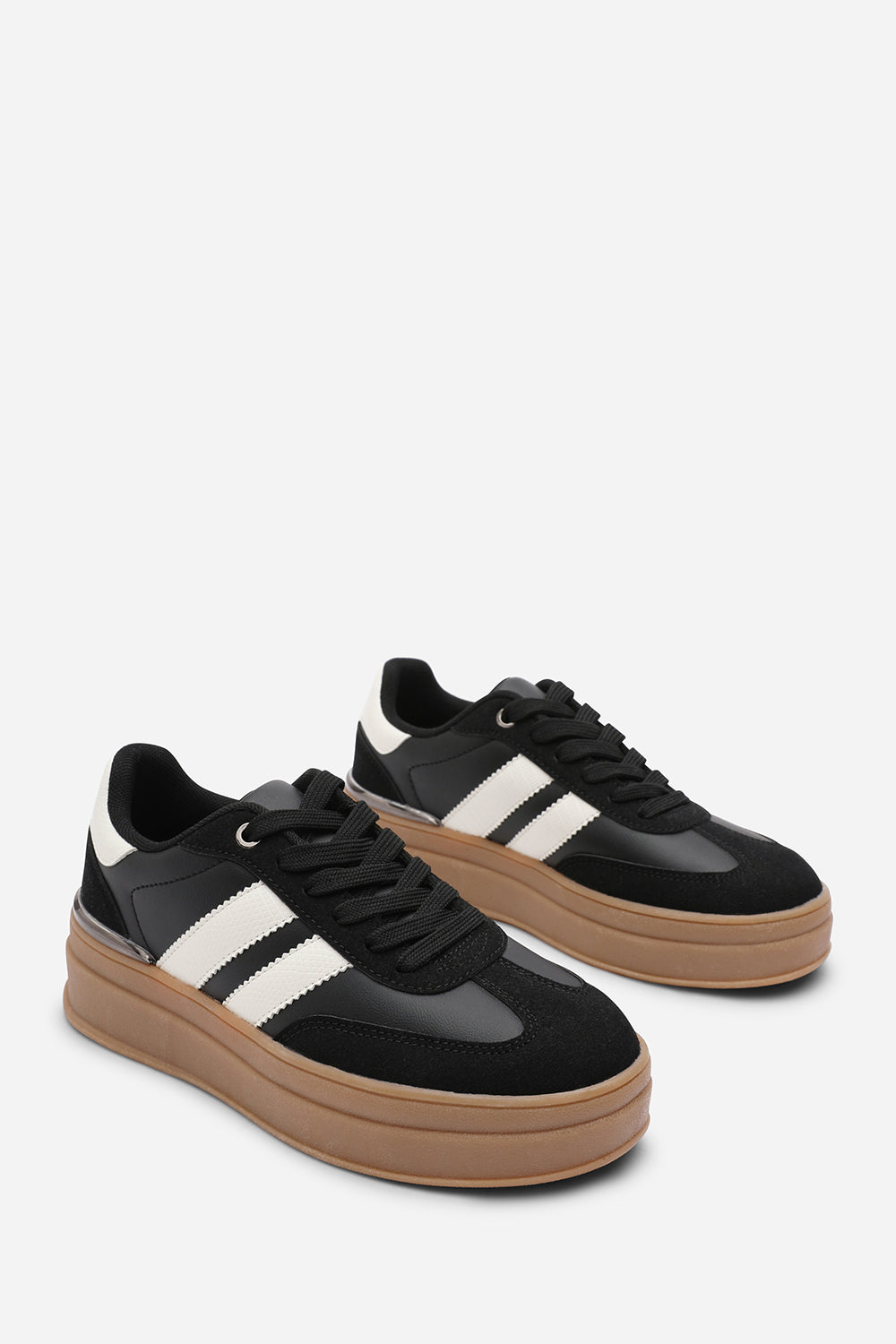 Yulia Black Platform Lace Up Trainers with White Side Stripes