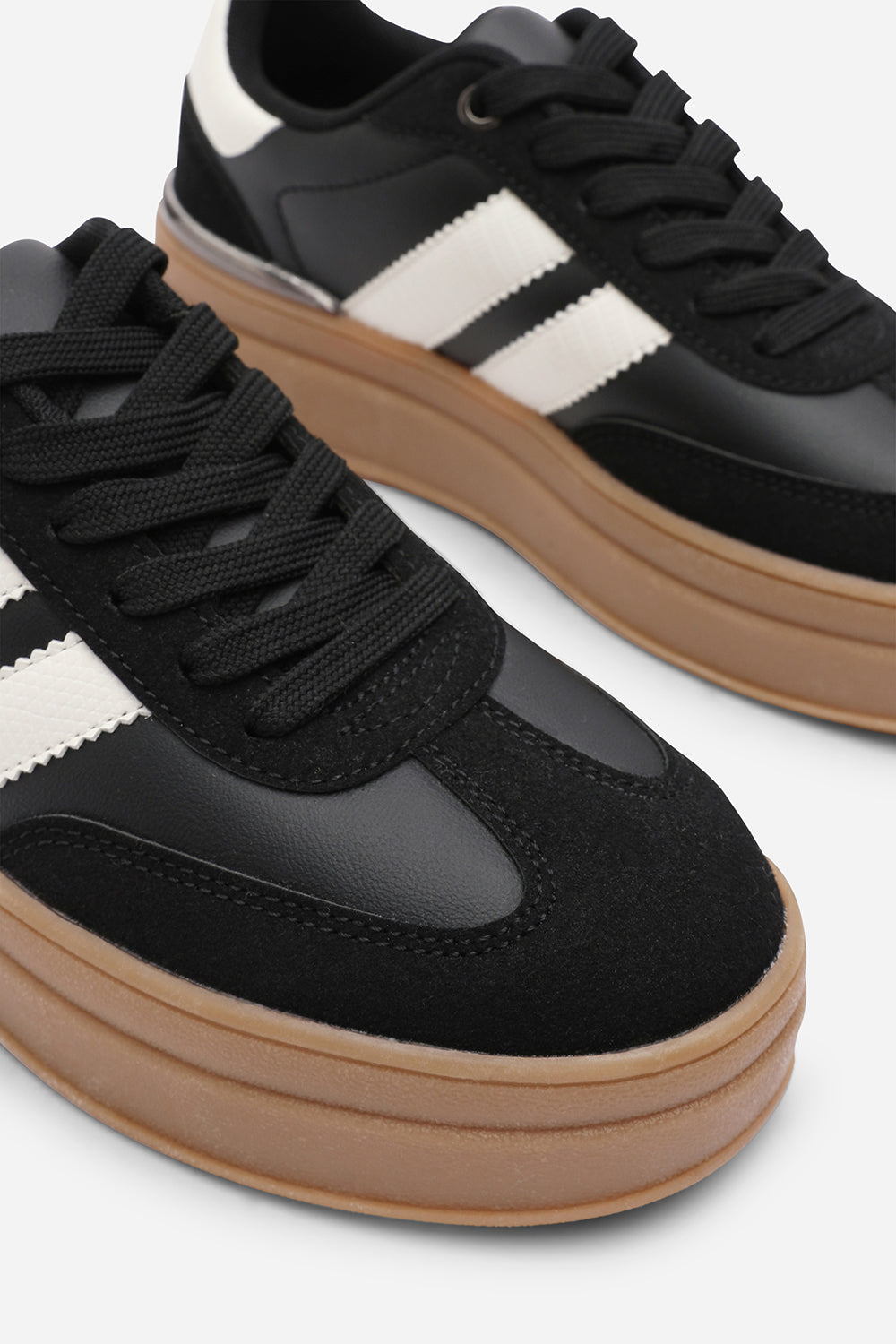Yulia Black Platform Lace Up Trainers with White Side Stripes