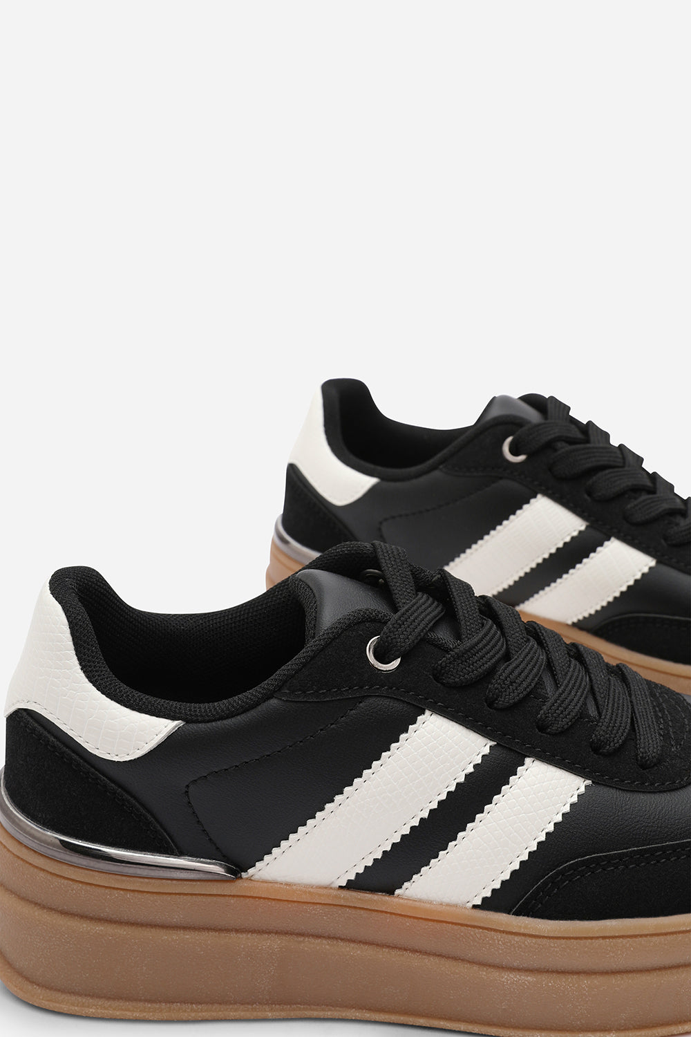 Yulia Black Platform Lace Up Trainers with White Side Stripes