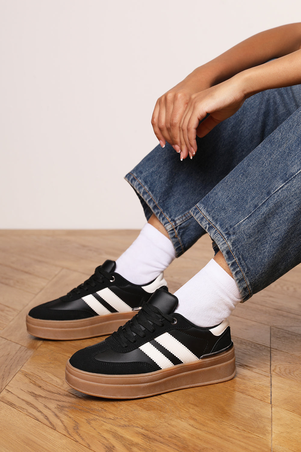 Yulia Black Platform Lace Up Trainers with White Side Stripes