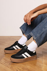 Yulia Black Platform Lace Up Trainers with White Side Stripes
