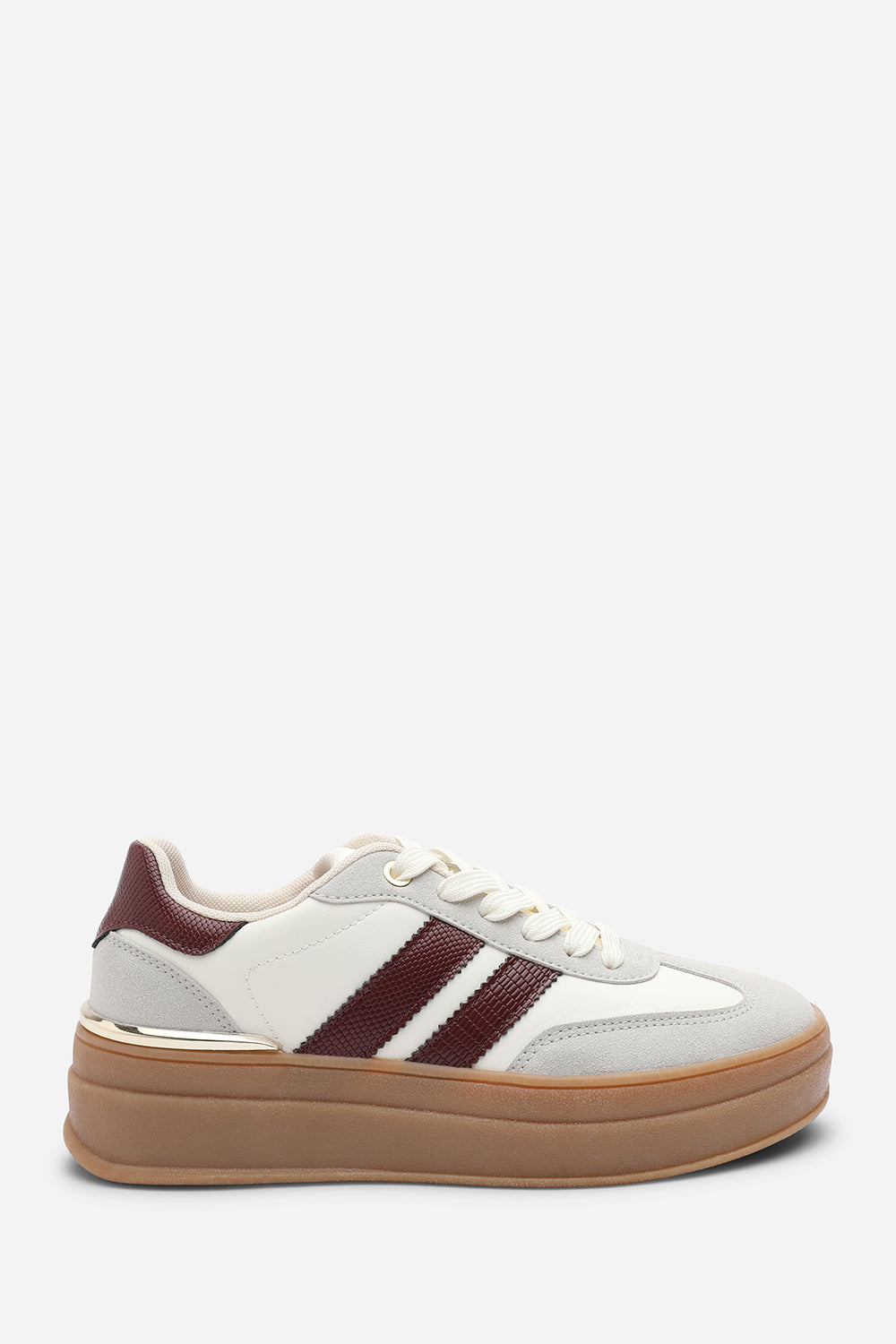 Yulia Grey Platform Lace Up Trainers with Wine Side Stripes