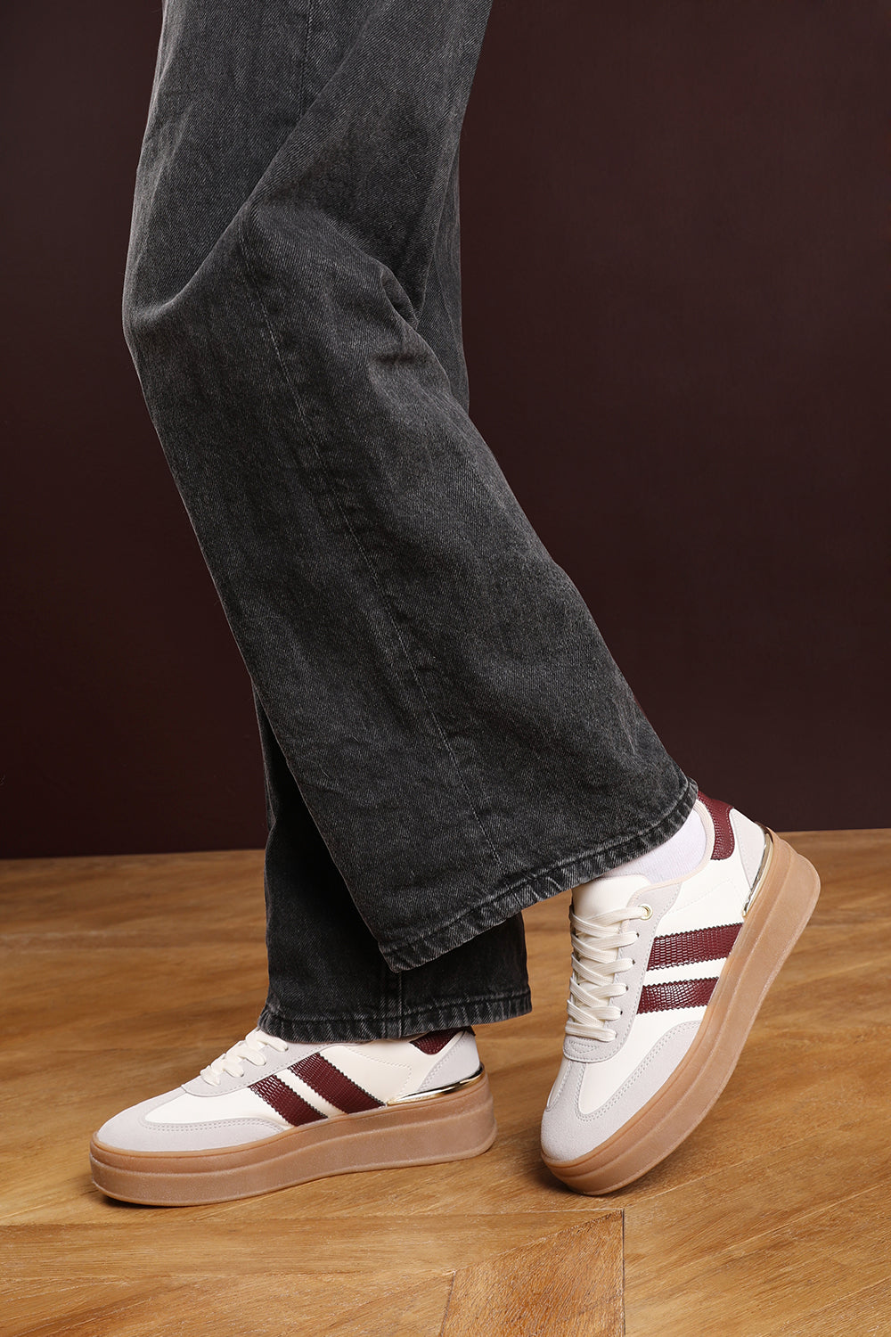 Yulia Grey Platform Lace Up Trainers with Wine Side Stripes