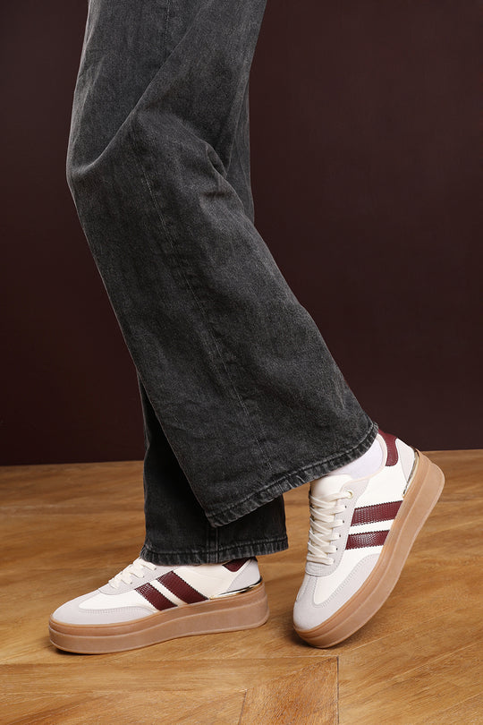 Yulia Grey Platform Lace Up Trainers with Wine Side Stripes