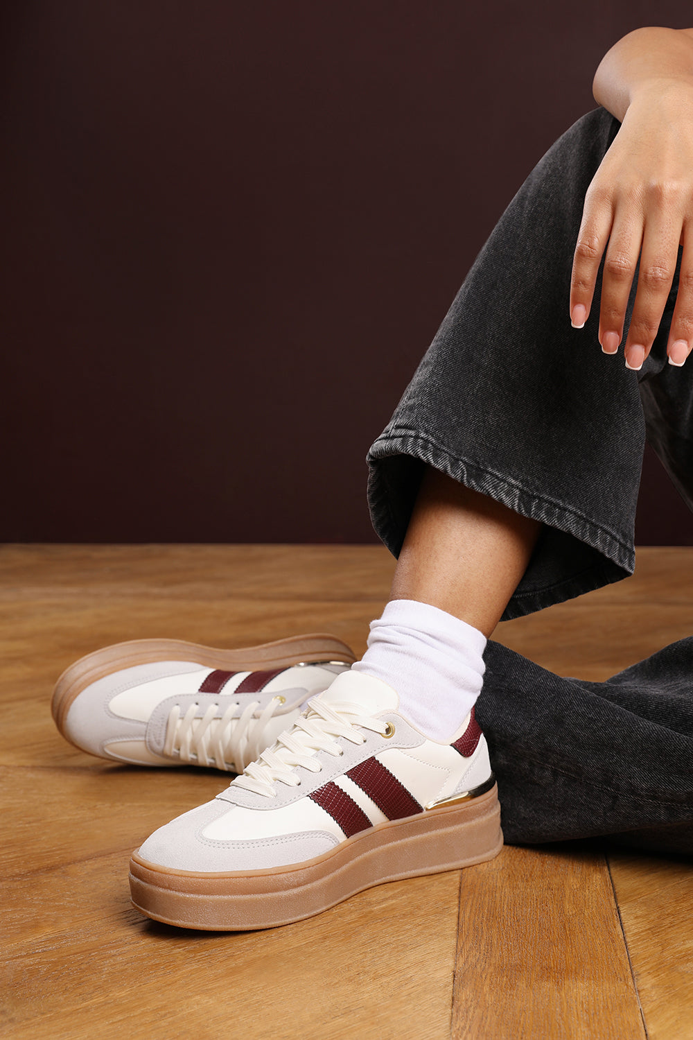 Yulia Grey Platform Lace Up Trainers with Wine Side Stripes