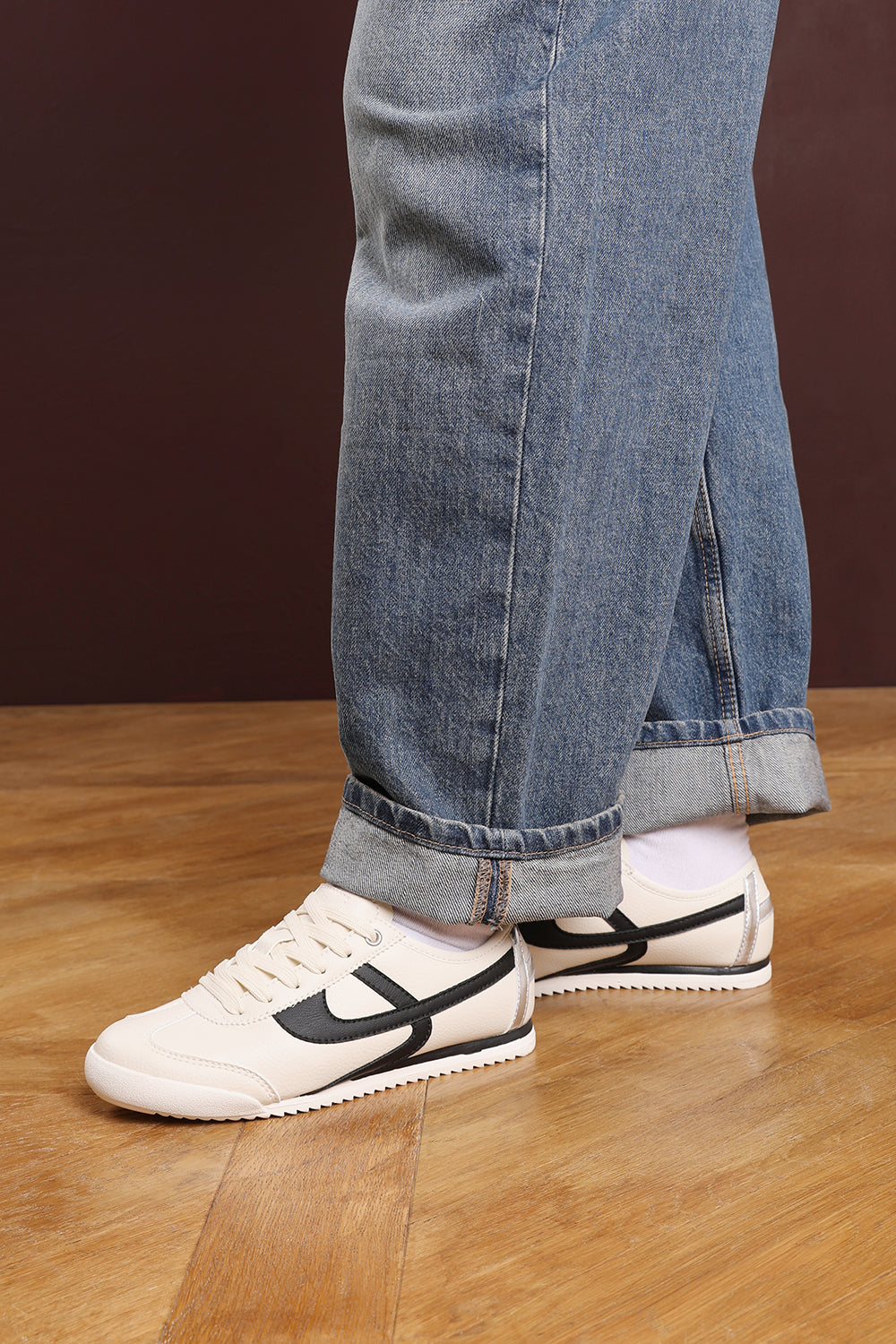 Brisa Beige Court Lace up Trainer with Black Stripe detail