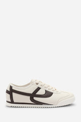 Brisa Beige Court Lace up Trainer with Brown Stripe detail