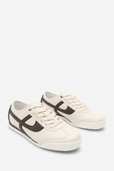 Brisa Beige Court Lace up Trainer with Brown Stripe detail