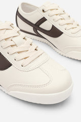 Brisa Beige Court Lace up Trainer with Brown Stripe detail