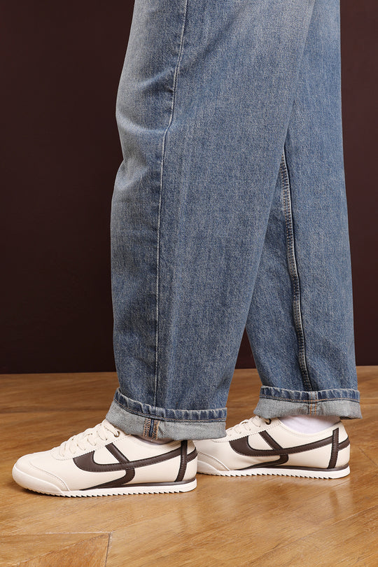 Brisa Beige Court Lace up Trainer with Brown Stripe detail