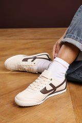 Brisa Beige Court Lace up Trainer with Brown Stripe detail