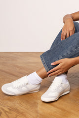 Brisa White Court Lace up Trainer with Grey  Stripe detail