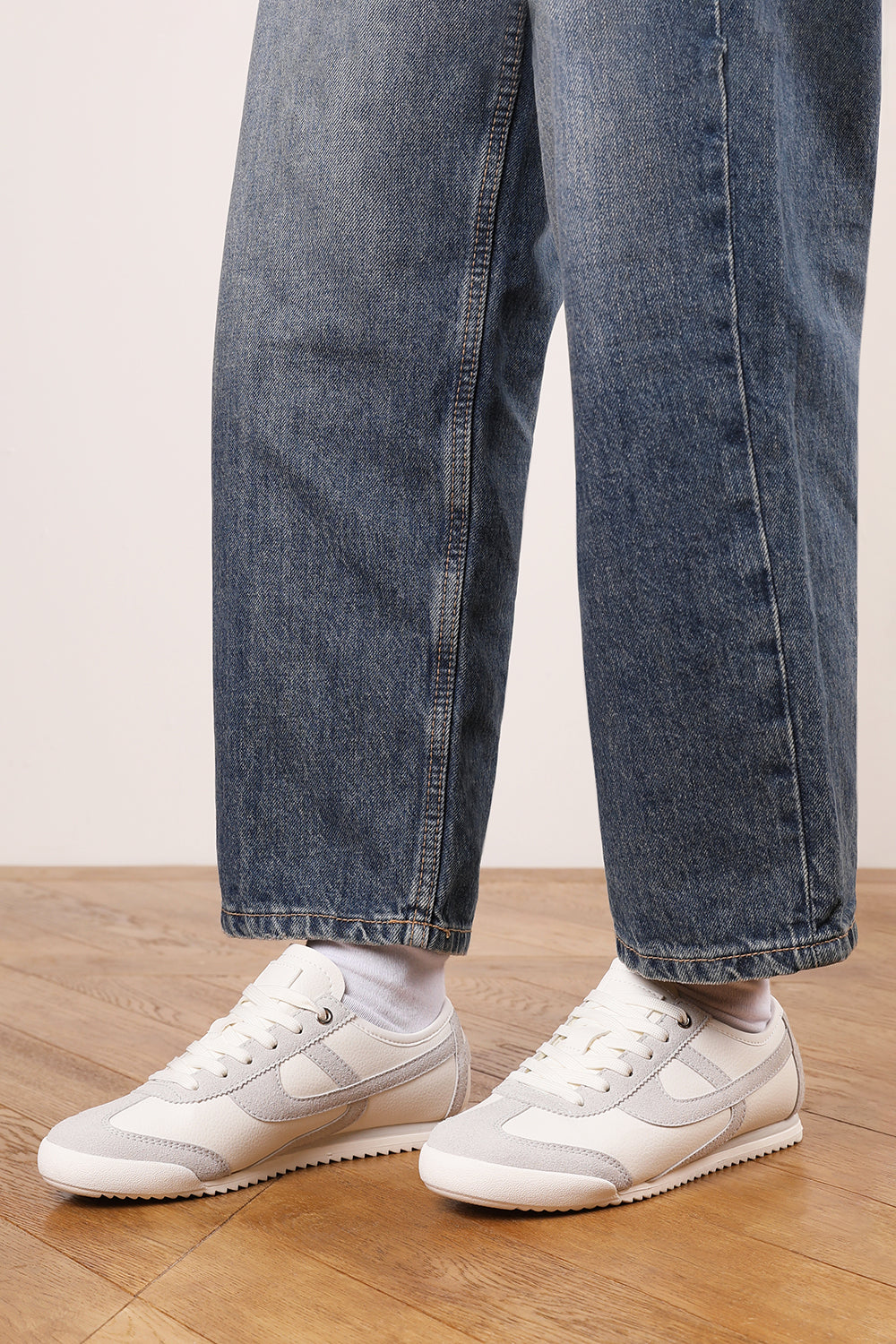 Brisa White Court Lace up Trainer with Grey  Stripe detail